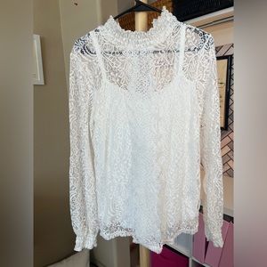 Cable & Gauge White Lace High Neck Ruffle Long Sleeve Size Large